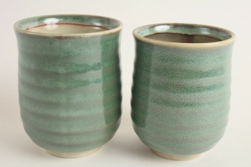 Mino ware Japan Pottery Pair Yunomi Chawan Tea Cup Laurel Green Glossy Stripe