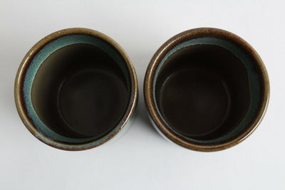 Mino ware Japanese Pottery Pair Yunomi Chawan Tea Cup Blue & Moss Green Straight