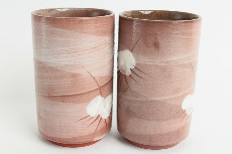 Mino ware Japanese Pottery Pair Yunomi Chawan Tea Cup Russet & White flowers