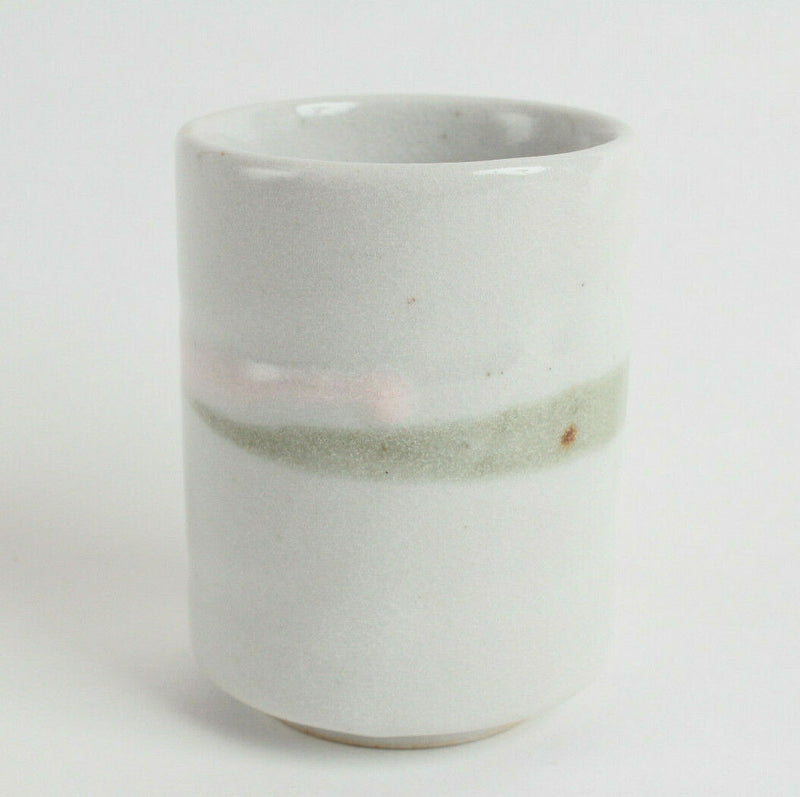 Mino ware Japan Pottery Yunomi Chawan Tea Cup Cream White w/Green & Pink Lines