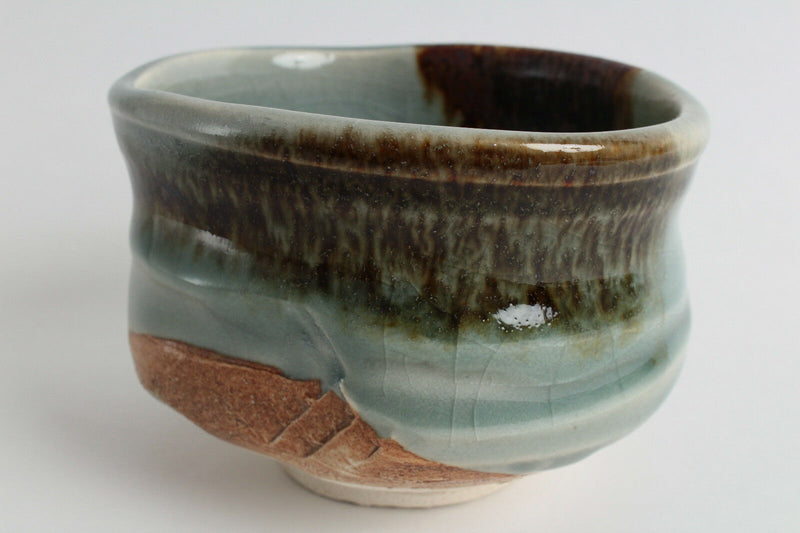 Mino ware Japanese Tea Ceremony Matcha Bowl Sage Green w/ Brown Glaze Crackled