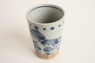 Mino ware Japanese Yunomi Chawan Long Tea Cup Dog Family White & Blue Japan