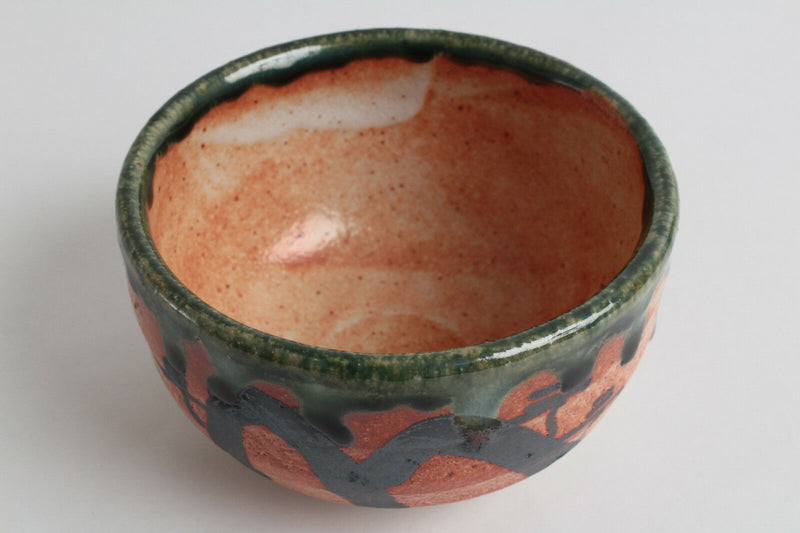 Mino ware Japanese Tea Ceremony Matcha Bowl Pottery Green Glaze on Orange