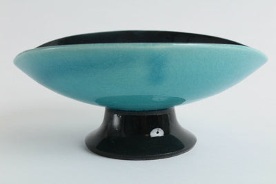 Mino ware Japanese Pottery BLUE RIVERS High Feet Oval Plate/Dish Turquoise Gloss