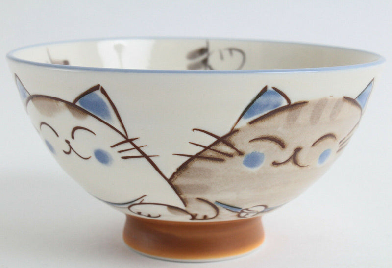 Mino ware Japanese Ceramics Rice Bowl Smiling Cats Gloss finish Blue