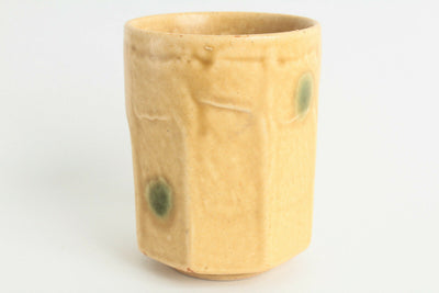 Mino ware Japanese Pottery Yunomi Chawan Tea Cup Octagonal Ocher w/Green Dots