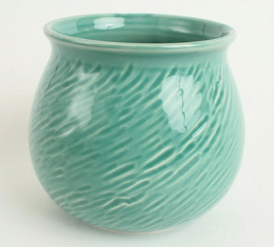 Mino ware Japan Pottery Vase Emerald Green Diagonal Stripe Glossy