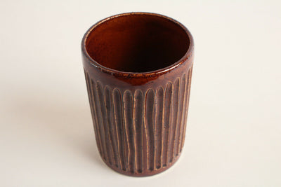 Mino ware Japanese Pottery Straight Tea Cup Walnut Brown Vertical Stripe