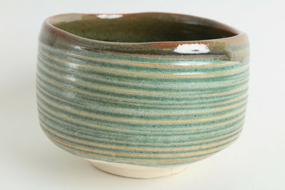 Mino ware Japanese Pottery Tea Ceremony Matcha Bowl Green Stripe w/ Brown Glaze