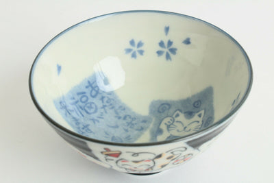 Mino ware Japanese Pottery Rice Bowl Manekineko Koban Cat Blue made in Japan New