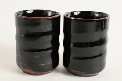 Mino ware Japan Pottery Pair Short Yunomi Chawan Tea Cup Black & Brown Glossy
