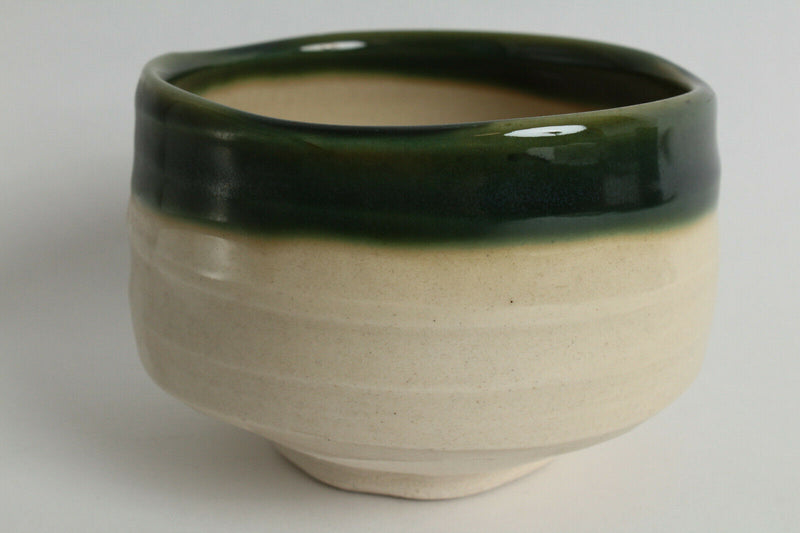 Mino ware Japanese Pottery Tea Ceremony Matcha Bowl Oribe Green Glaze on Ocher