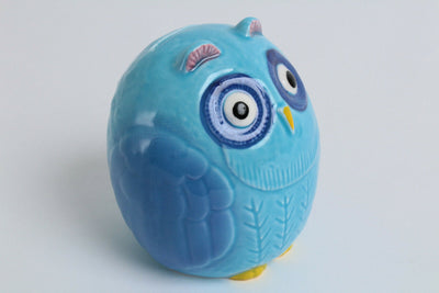 Seto ware Japanese Ceramic Piggy Bank (Coin/Change Bank) Owl Shape Blue