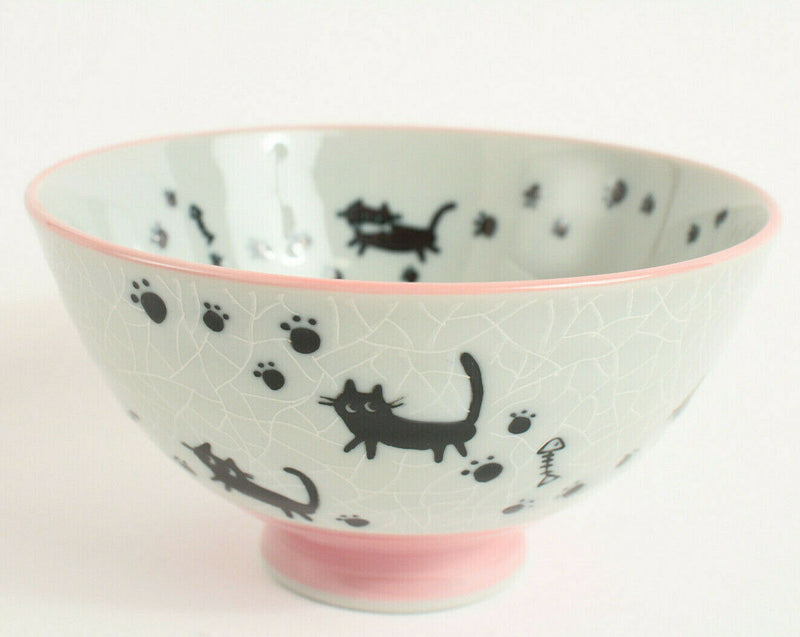 Mino ware Japanese Pottery Rice Bowl Black Cats & Footprints Pink Crackled Japan