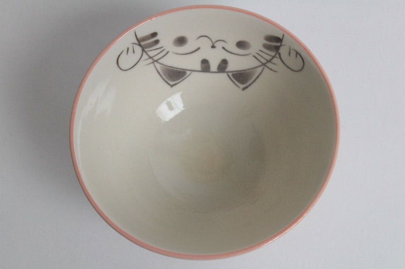 Mino ware Japanese Rice Bowl Smiling Cats Gloss finish Pink made in Mino Japan