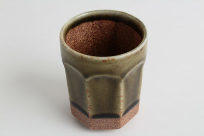 Mino ware Japanese Pottery Yunomi Chawan Tea Cup Octagonal shape Iga Green