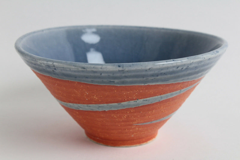 Mino ware Japanese Pottery Rice Bowl Sky Blue Glaze on Orange Crackled