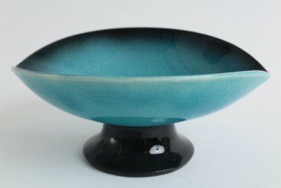 Mino ware Japanese Pottery BLUE RIVERS High Feet Oval Plate/Dish Turquoise Gloss