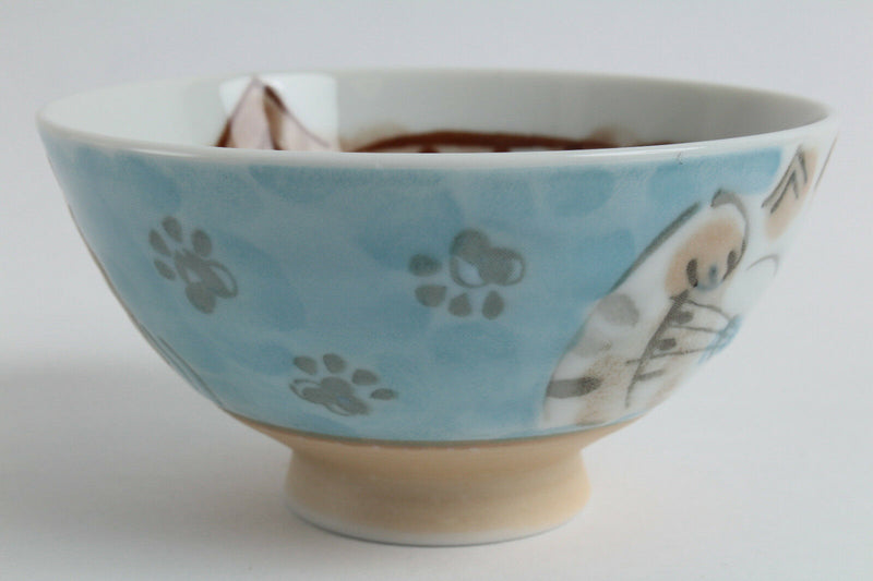 Mino ware Japanese Ceramics Rice Bowl Fukuneko Cat Blue