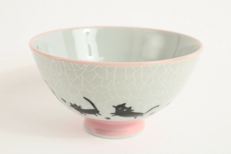 Mino ware Japanese Pottery Rice Bowl Black Cats & Footprints Pink Crackled Japan