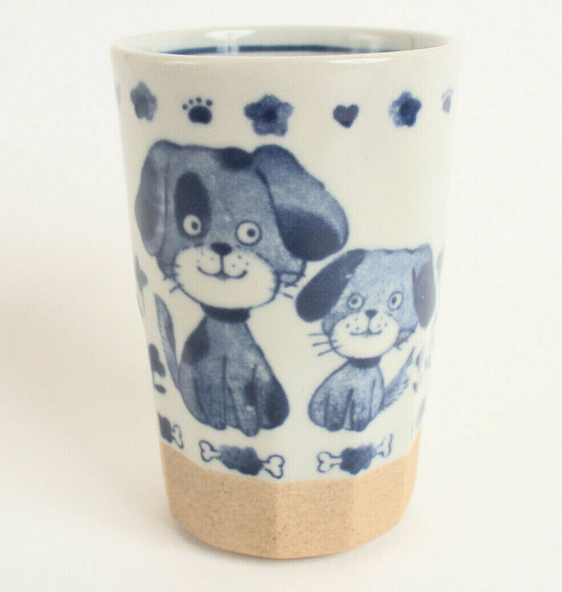 Mino ware Japanese Yunomi Chawan Long Tea Cup Dog Family White & Blue Japan