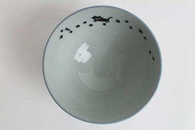 Mino ware Japanese Ceramics Rice Bowl Black Cats & Footprints Blue Crackled