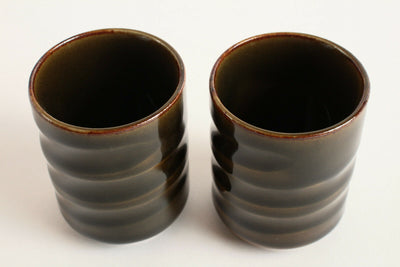 Mino ware Japan Pottery Pair Short Yunomi Chawan Tea Cup Oribe Green Glossy