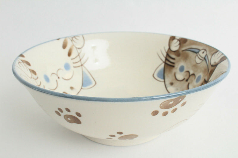 Mino ware Japan Ceramics Ramen Noodle Donburi Bowl Smiling Cats Blue