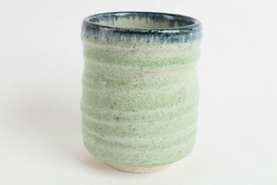 Mino ware Japanese Pottery Yunomi Chawan Tea Cup Mint Green & Navy Edge Crackled