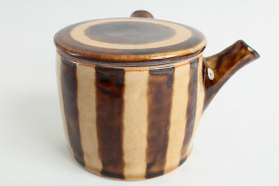Mino ware Japan Pottery Teapot Kyusu Brown & Ocher Stripe Crackled Flat Lid