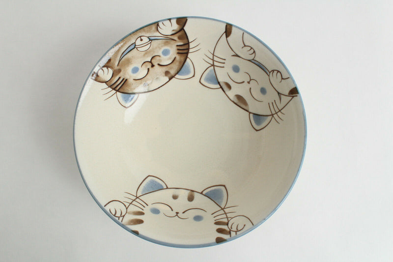 Mino ware Japan Pair Ramen Noodle Donburi Bowl Smiling Cats Blue & Pink Set