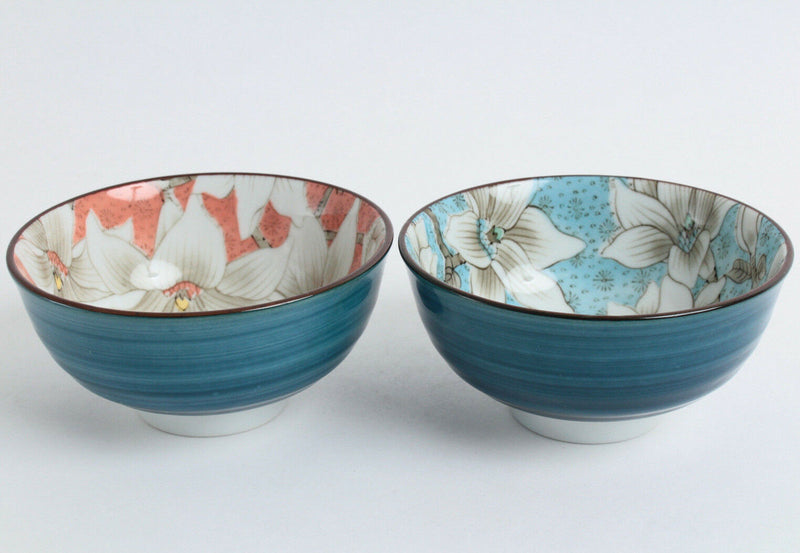 Mino ware Japanese Pair Rice Bowl Set of Two Magnolia Blue & Red made in Japan