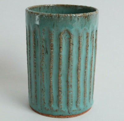 Mino ware Japanese Pottery Straight Tea Cup Turquoise Blue Vertical Stripe
