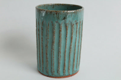 Mino ware Japanese Pottery Straight Tea Cup Turquoise Blue Vertical Stripe