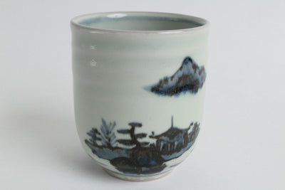 Mino ware Japanese Pottery Yunomi Chawan Tea Cup Pale Blue A Man on the Boat