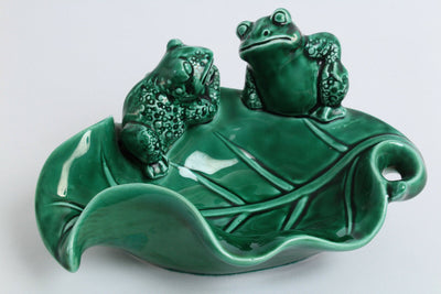Seto ware Japanese Ceramics Accessory Tray Two Frogs on Leaf Green made in Japan