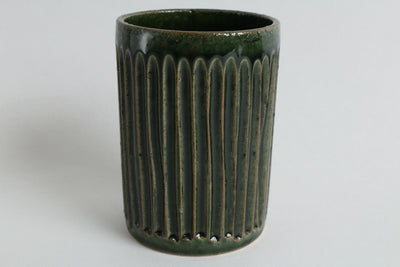 Mino ware Japanese Pottery Straight Tea Cup Deep Green Vertical Stripe