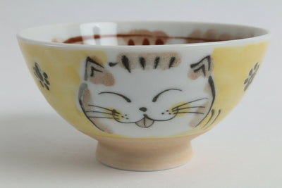 Mino ware Japanese Ceramics Rice Bowl Fukuneko Cat Yellow