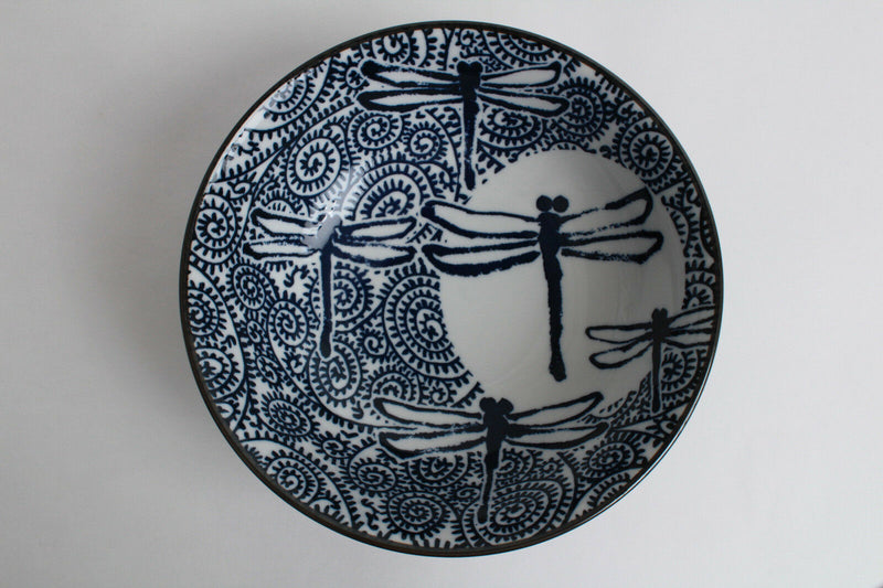 Mino ware Japan Ceramics Ramen Noodle Donburi Dragonfly Spiral Bracken Blue