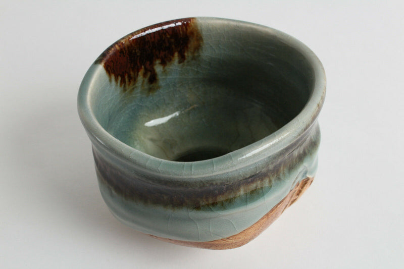 Mino ware Japanese Tea Ceremony Matcha Bowl Sage Green w/ Brown Glaze Crackled