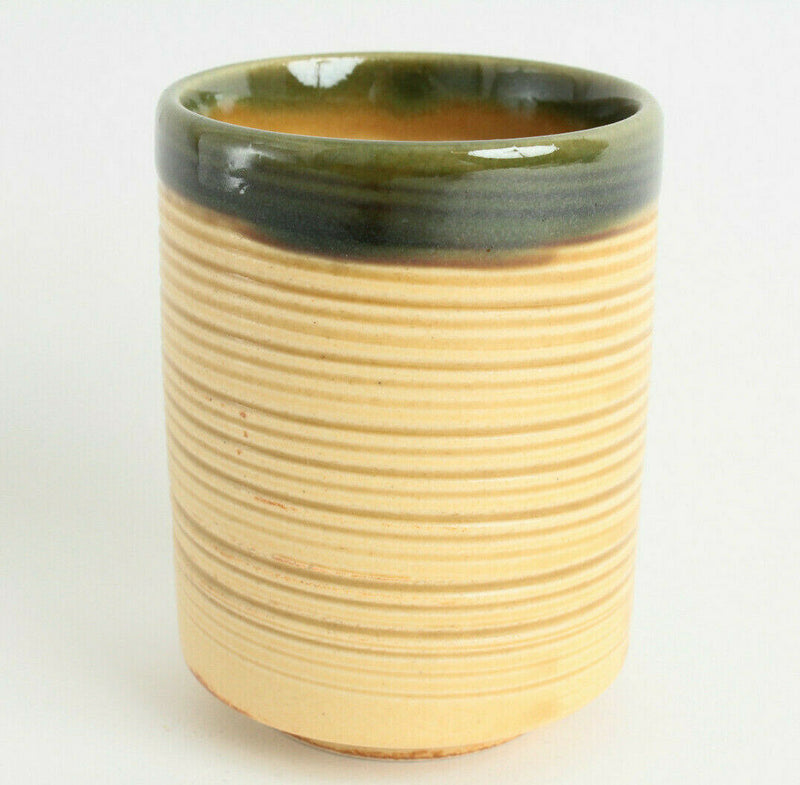 Mino ware Japanese Pottery Yunomi Chawan Tea Cup Ocher Stripe w/Green Glaze