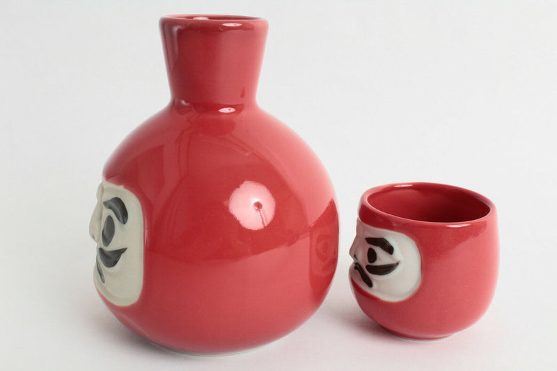 Mino ware Japanese Pottery Tokkuri Sake Bottle & Guinomi Cup Set Red Daruma