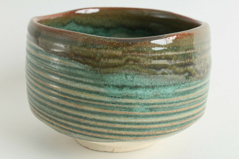 Mino ware Japanese Pottery Tea Ceremony Matcha Bowl Green Stripe w/ Brown Glaze