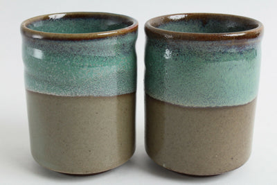 Mino ware Japanese Pottery Pair Yunomi Chawan Tea Cup Blue & Moss Green Straight