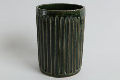 Mino ware Japanese Pottery Straight Tea Cup Deep Green Vertical Stripe