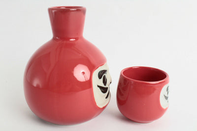 Mino ware Japanese Pottery Tokkuri Sake Bottle & Guinomi Cup Set Red Daruma