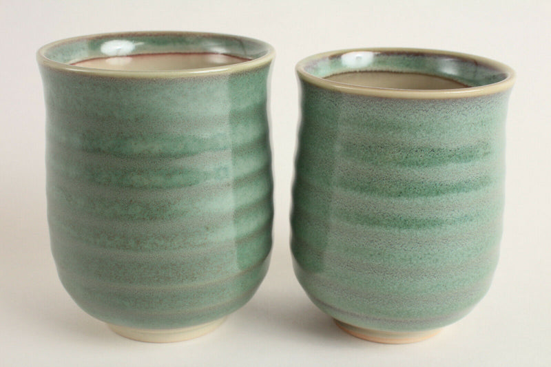 Mino ware Japan Pottery Pair Yunomi Chawan Tea Cup Laurel Green Glossy Stripe