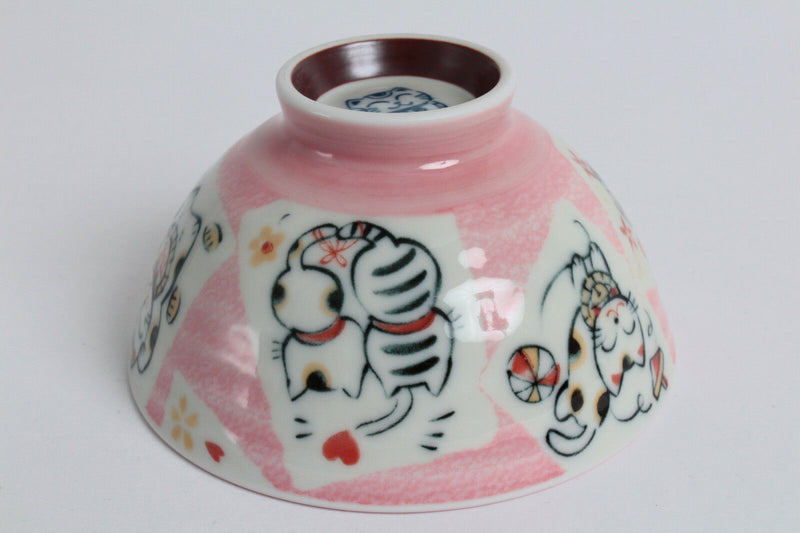 Mino ware Japanese Pottery Rice Bowl Manekineko Koban Cat Pink made in Japan New