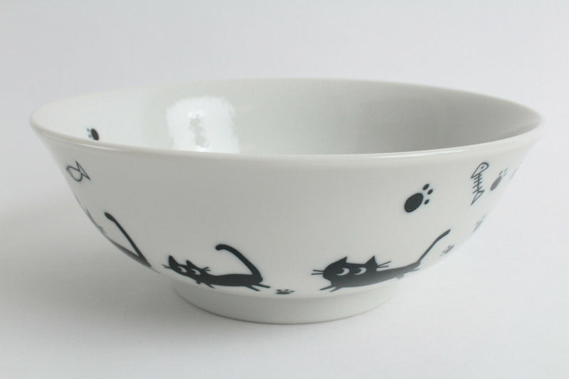 Mino ware Japanese Ceramics Ramen Noodle Donburi Bowl Black Cats & Footprints made in Japan