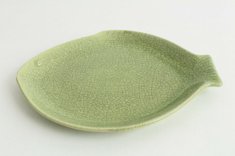 Seto ware Japanese Pottery Dish Plate Mola Mola Fish shape Olive Green Japan